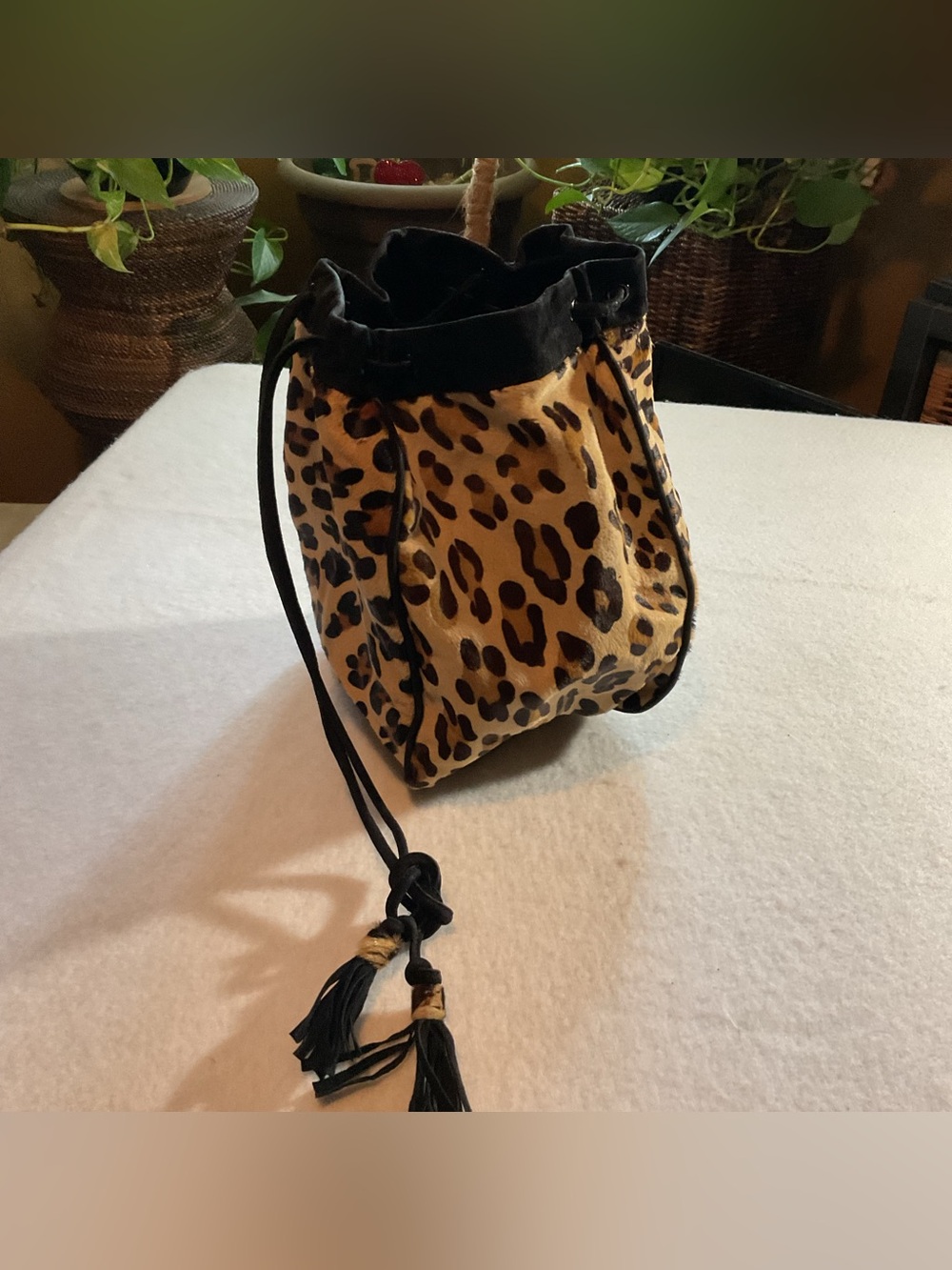 Leopard Print Drawstring Bucket Bag - Black Suede Trim